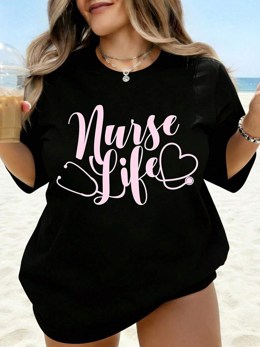 Camiseta Blanca con Diseño de Estetoscopio Rosa para Enfermeras, Ropa Casual de Playa para Verano, Regalo para Enfermeras y Trabajadores de la Salud - Negro - Ver 1
