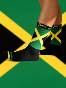 1 Pair Green Yellow Black Colorblock Striped Mid-Calf Socks, Retro Reggae Style Breathable Versatile Unisex Socks - Multicolor - View 3