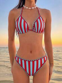 Women's Striped Print Bikini Set, Suitable For Summer Holiday Country Vacation Beach - Multicolor - View 3