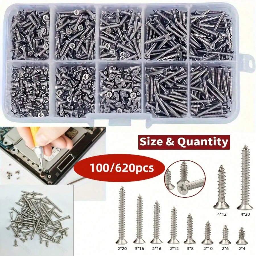 100/620pcs M2M3M4 Self Tapping Screw Assortment Kit Tapping Screw Assortment Kit Lock Nut Wood Thread Nail Screw Sets Self Lock Nut Wood Thread Nail Screws Sets - Multicolor - View 1