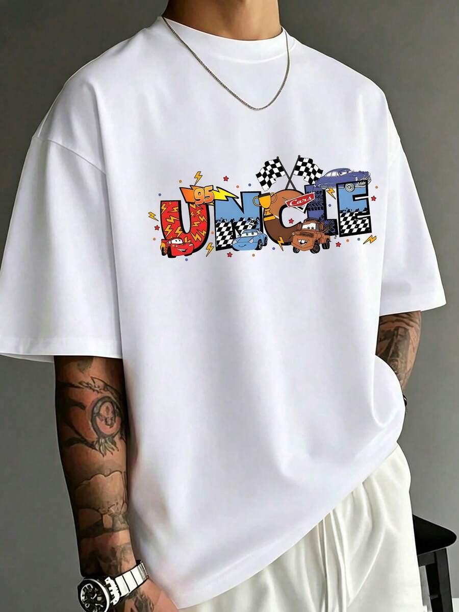 Disney Cars Men's Tee, "UNCLE" Letter Print With Lightning McQueen Theme, Cool American Style, Loose Fit Perfect For Casual Use. - White - View 1