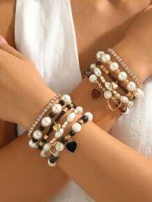 5pcs Elegant Vintage Fashion ABS Faux Pearl Oil Drop Heart Pendant Rhinestone Faux Crystal Beaded Bracelet Set For Women, Suitable For Daily Commute, Party, Beach Vacation Wear - Heart-shaped Pearl Bracelet Set - View 2
