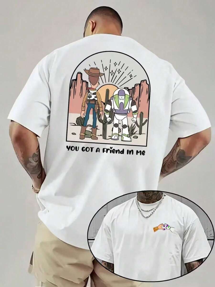 Licensed Disney Tee: Toy Story Woody & Buzz You Got A Friend In Me Print, 100% Cotton, Relaxed Fit, Soft & Breathable, Unisex Crew Neck Short Sleeve. - 白色 - 查看 1