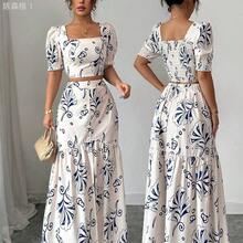 jianchaimaoyi02  Conjunto de 2 piezas con blusa de manga corta con diseño de puño y estampado floral + falda con abertura en el bajo, elegante para vacaciones y uso diario - Marrón - Ver 2