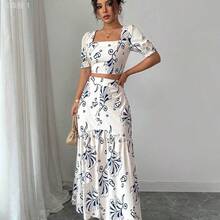 jianchaimaoyi02  Conjunto de 2 piezas con blusa de manga corta con diseño de puño y estampado floral + falda con abertura en el bajo, elegante para vacaciones y uso diario - Marrón - Ver 4