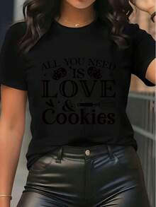 Women's Pure Cotton O-Neck Short-Sleeved Graphic T-Shirt All You Need Is Love & Cookies Print Casual Cute Summer Top - Black - View 1