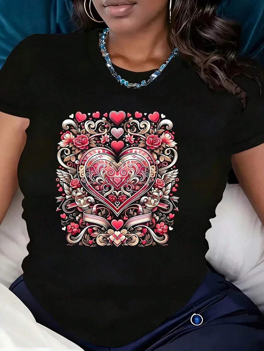 Women's Plus Size Short Sleeve T-Shirt With Floral Heart Print, Round Neck, Novelty Design, Casual, Fun, Graphic Print, 100% Polyester, 1 Piece, 220 - Black - View 1