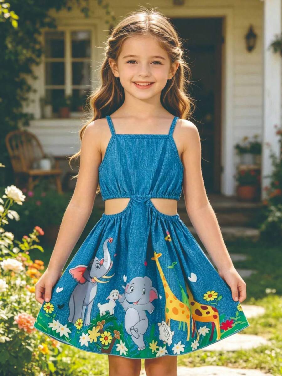 Girls' Casual Cartoon Print Sleeveless Waist Hollow Hem Knee-Length Dress, Fashionable Outfitting For Spring & Summer - Blue - View 1