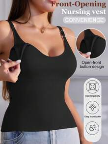 1-Piece Maternity Base Layer Top, Black Seamless Nursing Vest With Breast Pads, Beautiful Back, Long Solid Color, Comfortable Underwear Vest For Women - Black - View 1