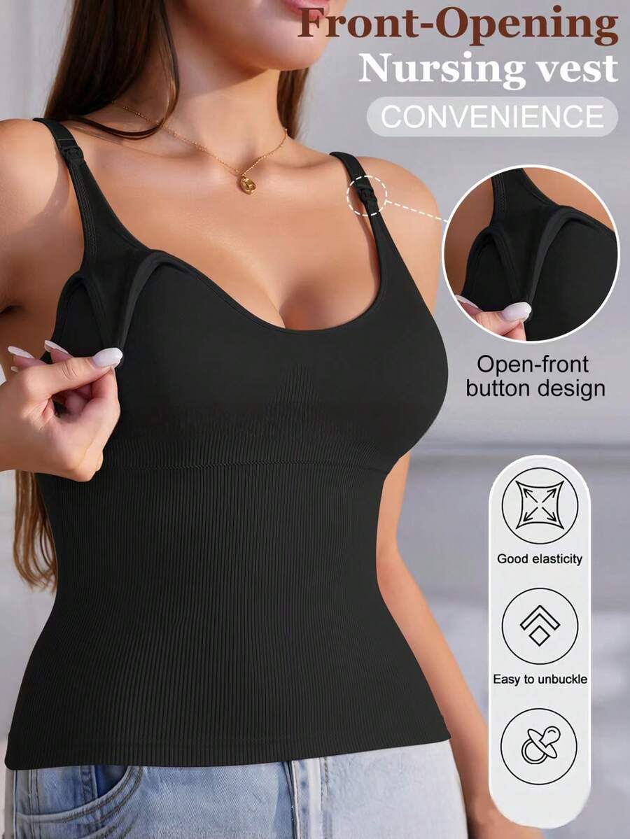 1-Piece Maternity Base Layer Top, Black Seamless Nursing Vest With Breast Pads, Beautiful Back, Long Solid Color, Comfortable Underwear Vest For Women - Black - View 1
