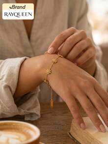 RAYQUEEN 1pc Floral Fresh Design Daisy Stainless Steel Gold Plated Bracelet Non-Fading Influencer Blogger Jewelry - Yellow Gold - View 3