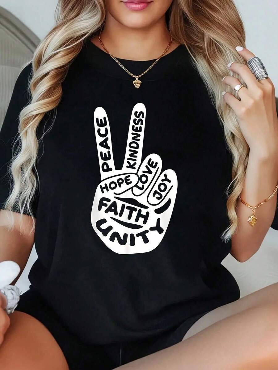 1 Women's Plus Size T-Shirt With Graphic Print 'Peace, Love, Hope, Faith, Music, Kindness', Short Sleeve, 220g, 100% Polyester, Casual Style With Round Neck - 黑色 - 查看 1