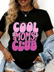 Camiseta Gráfica Rosa "Cool Moms Club" para Mujer, Divertida Camiseta de Maternidad con Diseño Floral, Perfecta para Uso Casual y Estilo de Vida Activo, Adecuada para Salidas Diarias y Event - Negro - Ver 1