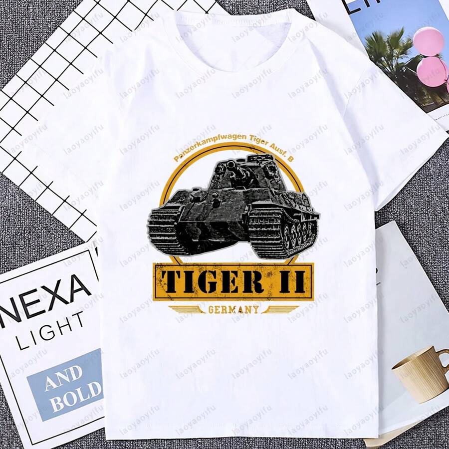 Panzerkampfwagen Tiger 2 Tank gráfico Segunda  Mundial camiseta Casual moda Harajuku manga corta ventilador militar camiseta camisetas de algodón - Multicolor - Ver 1