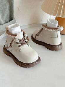 1 Pair 2026 New Beige Fashion Baby Lace Trim Ankle Boots Toddler Shoes Flat Side Zipper Winter New Leather Upper Boys Boots Girls Boots Baby Boots - Beige - View 5