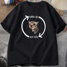 Wake Up Act Silly Cat T-Shirt For Men And Women, Casual Men's T-Shirt, Short Sleeve Cotton Clothing, Funny Oversized Streetwear T-Shirt - 彩色 - 查看 1