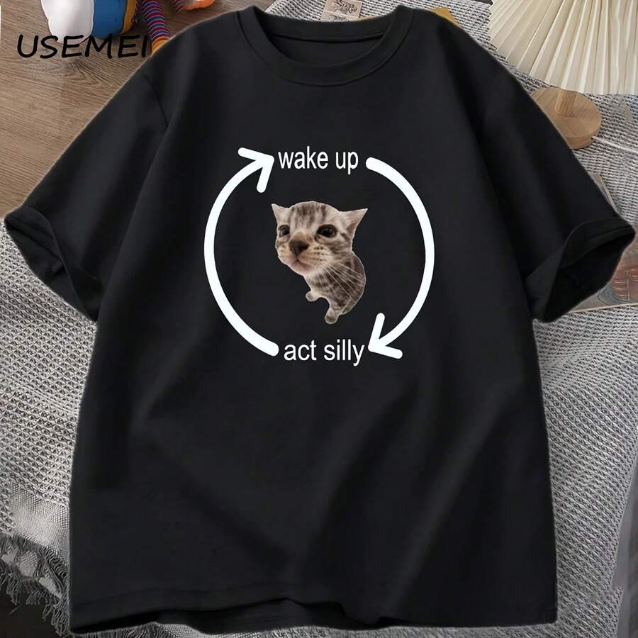 Wake Up Act Silly Cat T-Shirt For Men And Women, Casual Men's T-Shirt, Short Sleeve Cotton Clothing, Funny Oversized Streetwear T-Shirt - 彩色 - 查看 1