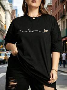 Playera Oversize Talla Grande Mujer "Love" con Corazón Leopardo - Negra Casual XRBW - Negro - Ver 1