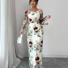 Vestido elegante con cuello cuadrado y transparente, con bordado floral, adecuado para reuniones y ocasiones formales, ropa de resort para primavera/verano (bordado aleatorio) - azul real - Ver 4