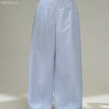 Soqi Women's Clothing PETITE Pantalones rectos de talle alto de rayas azules y blancas, elegantes, casuales, sencillos, para ir a la oficina, uso diario y vacaciones - Azul - Ver 1