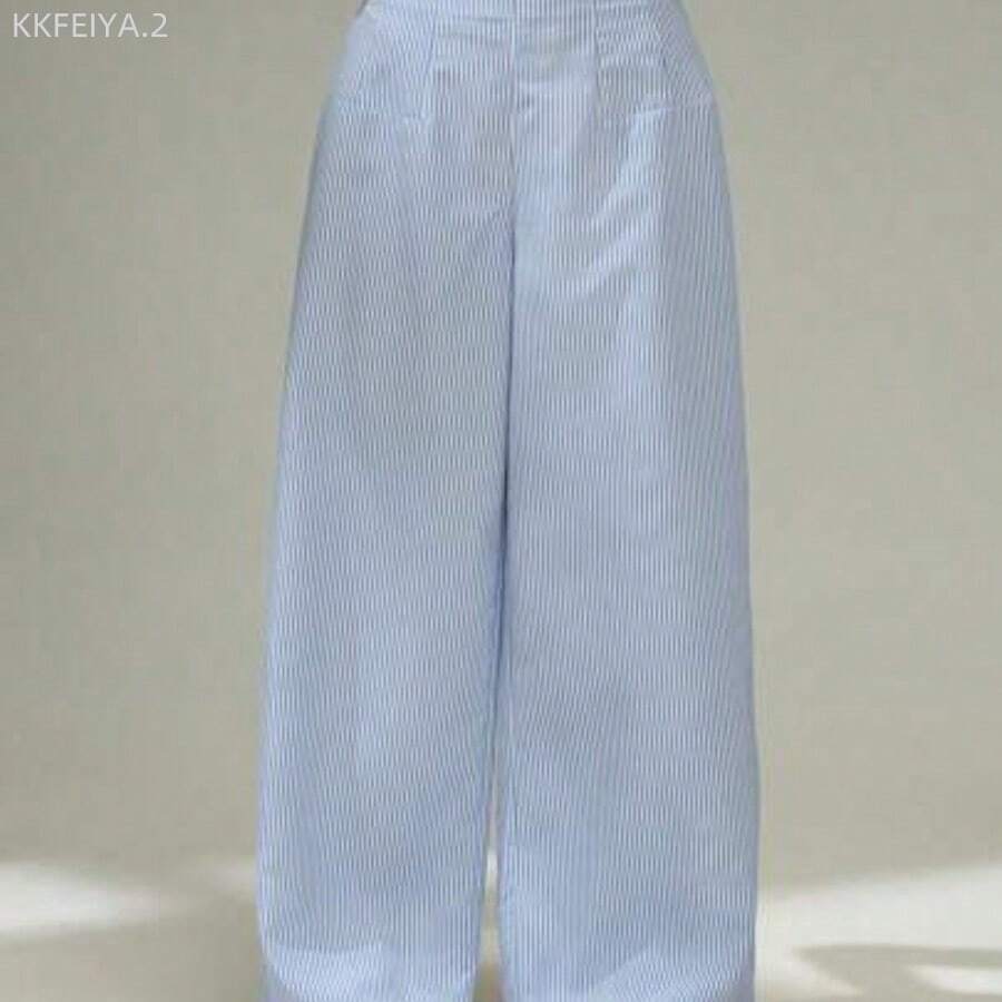 Soqi Women's Clothing PETITE Pantalones rectos de talle alto de rayas azules y blancas, elegantes, casuales, sencillos, para ir a la oficina, uso diario y vacaciones - Azul - Ver 1