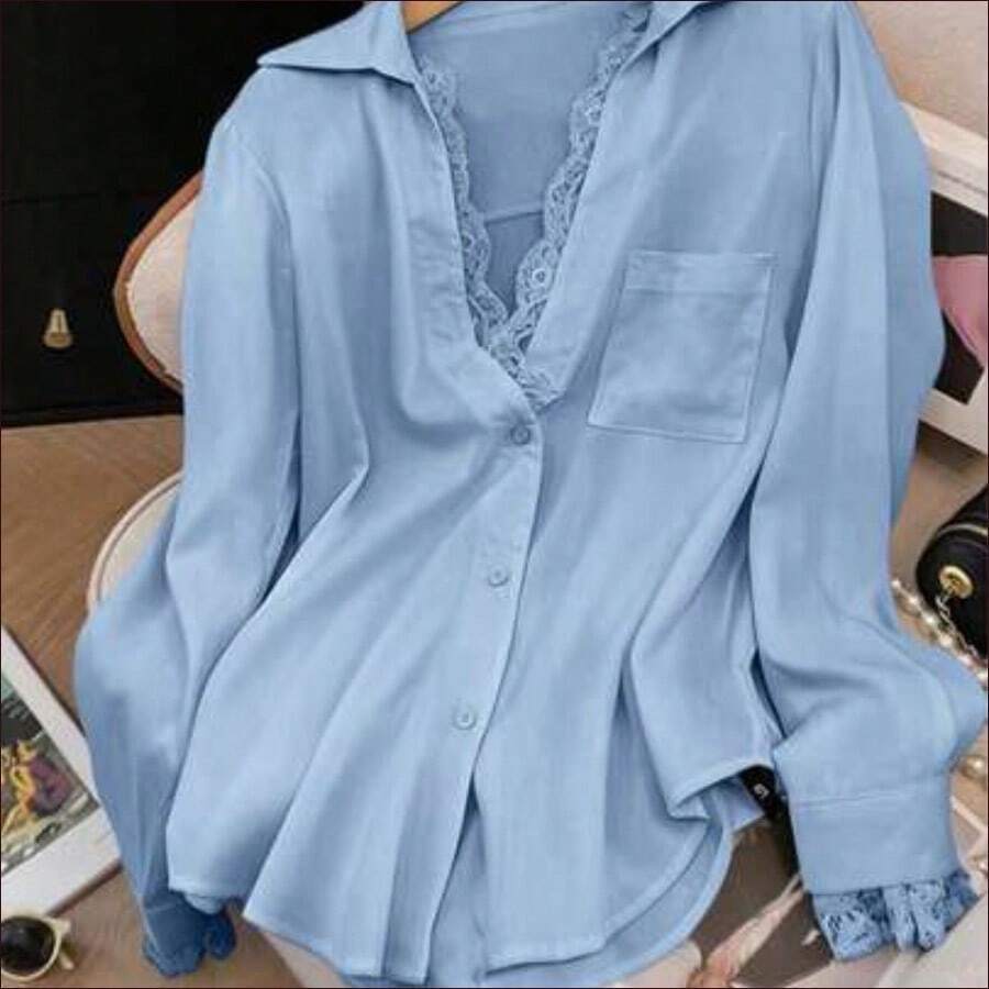 DZD Blusa blanca semitransparente elegante, de manga larga y cuello en V, decorada con delicado encaje de contraste, primavera - Azul - Ver 1
