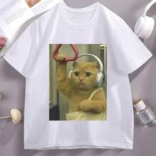 Funny Subway Cat Meme T-Shirt, Funny Cat Lover T-Shirt, Funny Kitten Design T-Shirt, Women's Short Sleeve Casual Wear, Summer Clothing - 彩色 - 查看 1