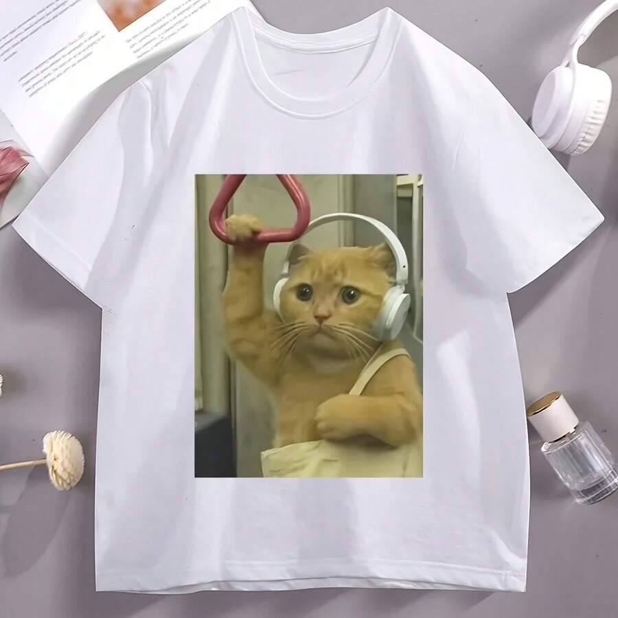 Funny Subway Cat Meme T-Shirt, Funny Cat Lover T-Shirt, Funny Kitten Design T-Shirt, Women's Short Sleeve Casual Wear, Summer Clothing - 彩色 - 查看 1