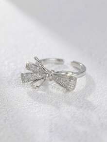 1 pieza Anillo de cobre con base de circonita y lazo adorable, joyería apilable de verano - Plateado - Ver 3