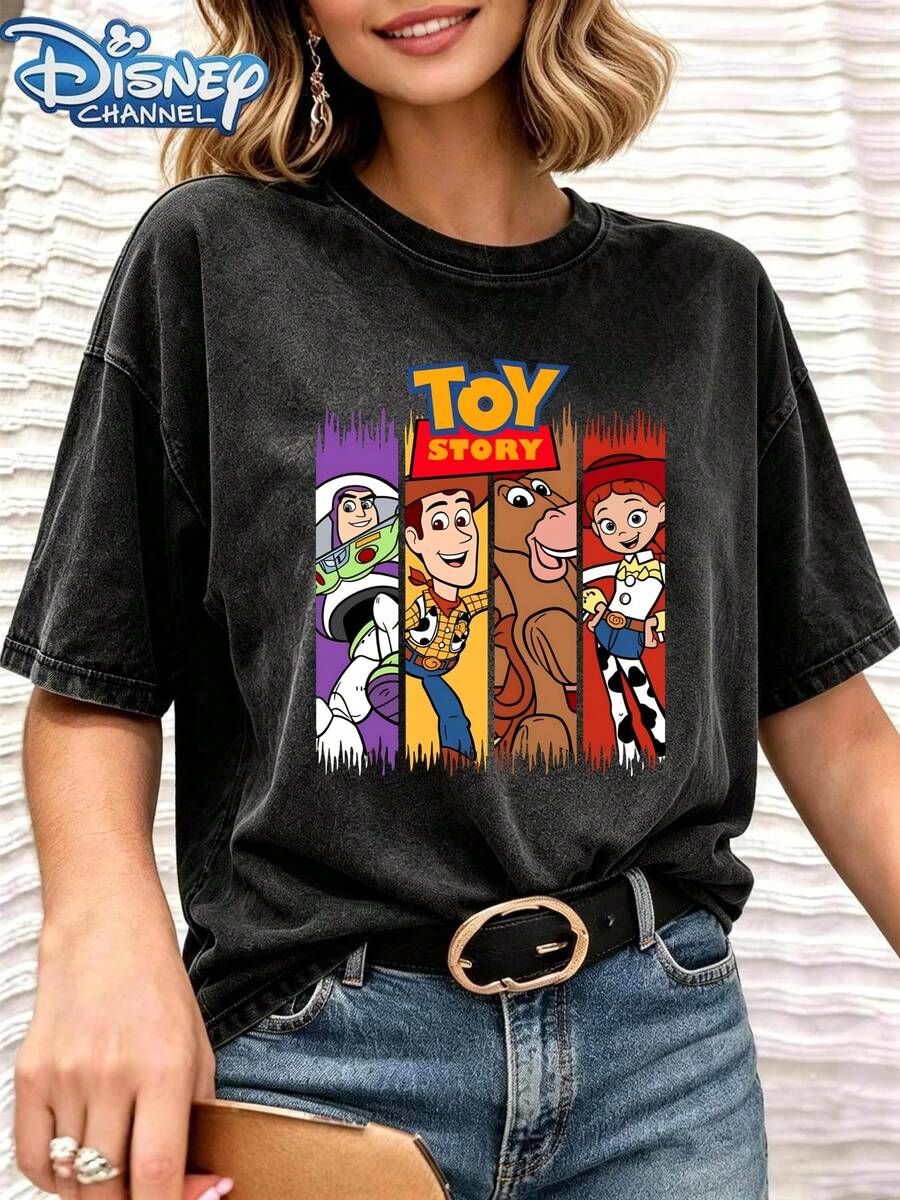 Toy Story Print Pattern Short Sleeve T-Shirt, Unisex, Vintage Design, Cotton Fabric, Loose Fit, Everyday Casual Wear, Black Washed T-Shirt - 黑色 - 查看 1