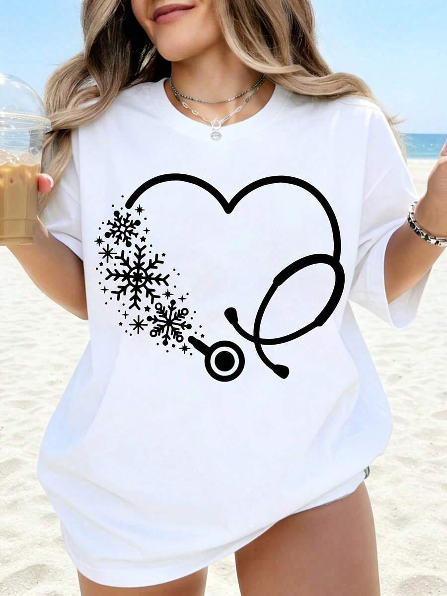 Camiseta Blanca con Diseño de Estetoscopio y Copos de Nieve en Forma de Corazón para Mujer, Ropa de Playa de Verano, Regalo Navideño, Temática Médica, Top Casual - Blanco - Ver 1