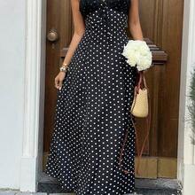 Vestido largo con estampado de lunares negros, encaje y parches, escote en V, cuello halter, espalda descubierta, cintura con lazo, para mujer, primavera/verano, elegante para - Amarillo - Ver 6
