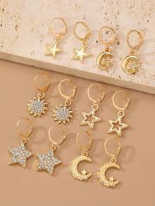 6pcs/Set Girls Rhinestone Star & Moon Pendant Earrings Set, Suitable For Daily Decoration - Gold - View 3