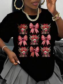 Highland Cow Print T-Shirt With Heart Glasses And Red Plaid Bow, Valentine's Day Gift For Women And Girls, White Crew Neck T-Shirt With Animal Print - 黑色 - 查看 1