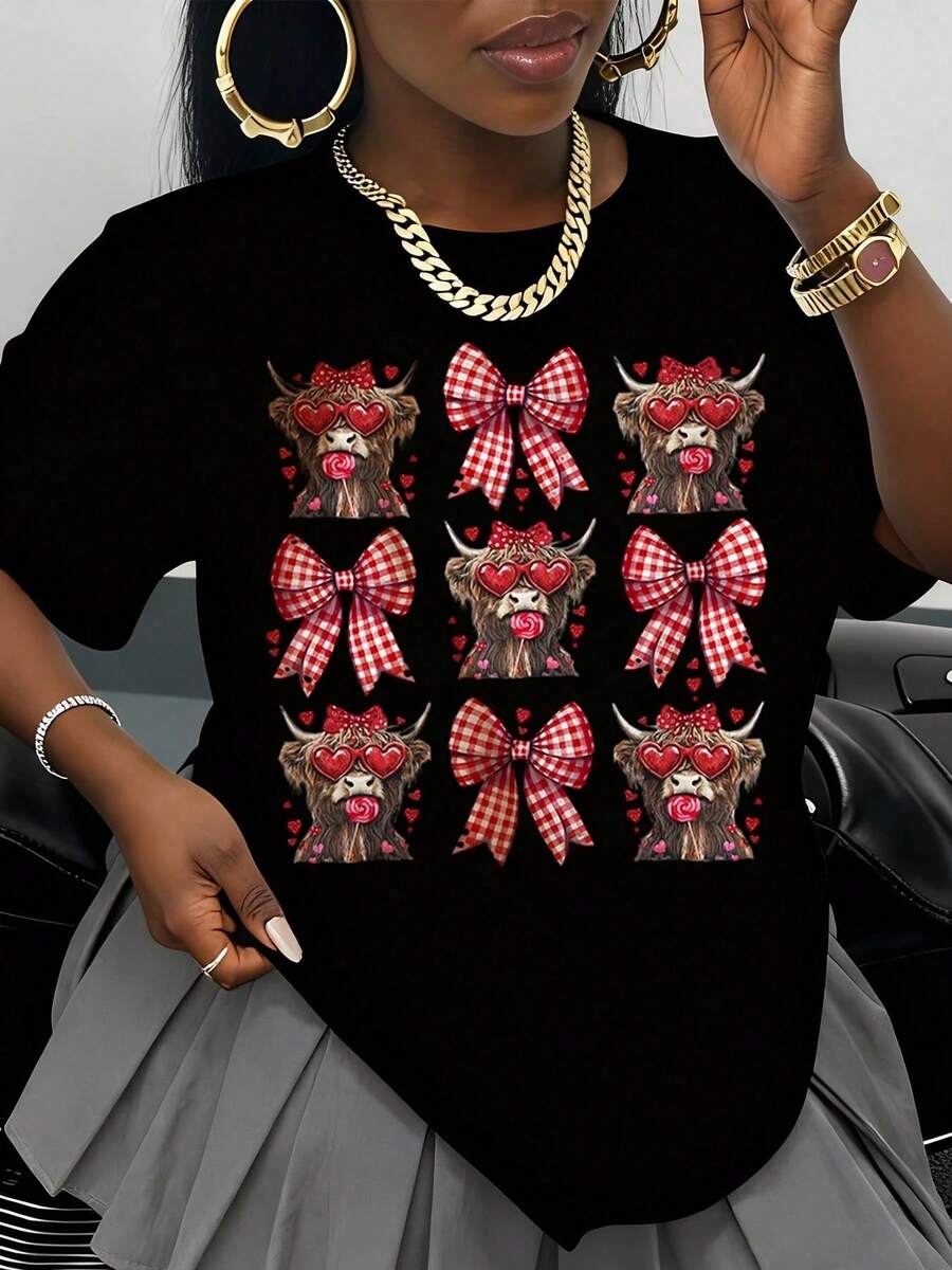 Highland Cow Print T-Shirt With Heart Glasses And Red Plaid Bow, Valentine's Day Gift For Women And Girls, White Crew Neck T-Shirt With Animal Print - 黑色 - 查看 1