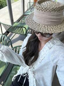 White French Style Frill Trim Long Sleeve Design Cardigan Top For Women - White - View 3