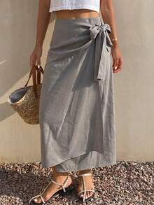 Falda blanca de mujer con diseño de lazo en la cintura, de estilo casual, suelto y de moda para primavera y verano, adecuada para el trabajo, el día a día y las vacaciones - Caqui 2 - Ver 1