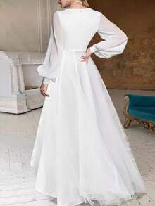Women's Long Dress With V-Neck, Plain Long Sleeves, Fitted Waist, Elegant European-American Style, Ideal For Parties Or Everyday Wear, New Fashion. - 白色 - 查看 2