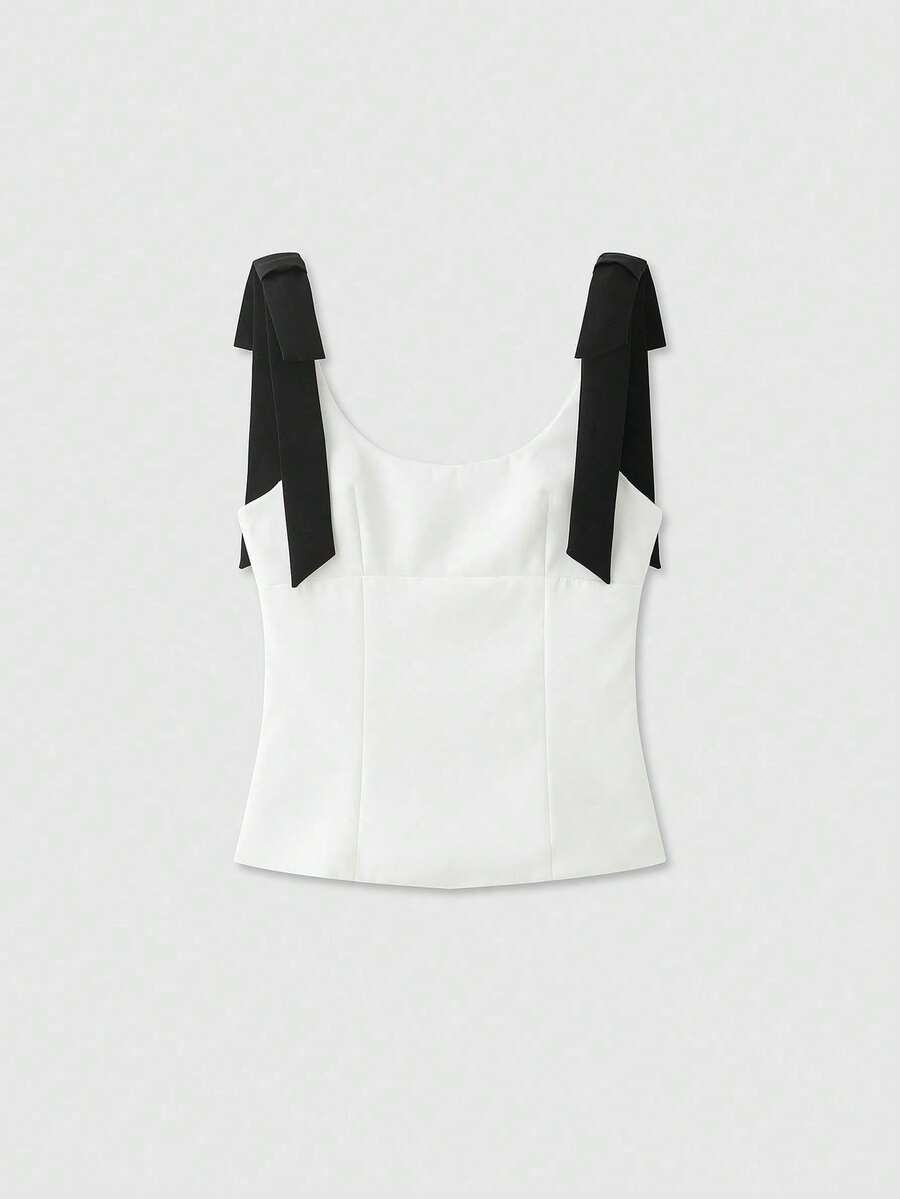 Blusa sin mangas de unicolor con decoración de lazo para verano - Blanco y Negro - Ver 1