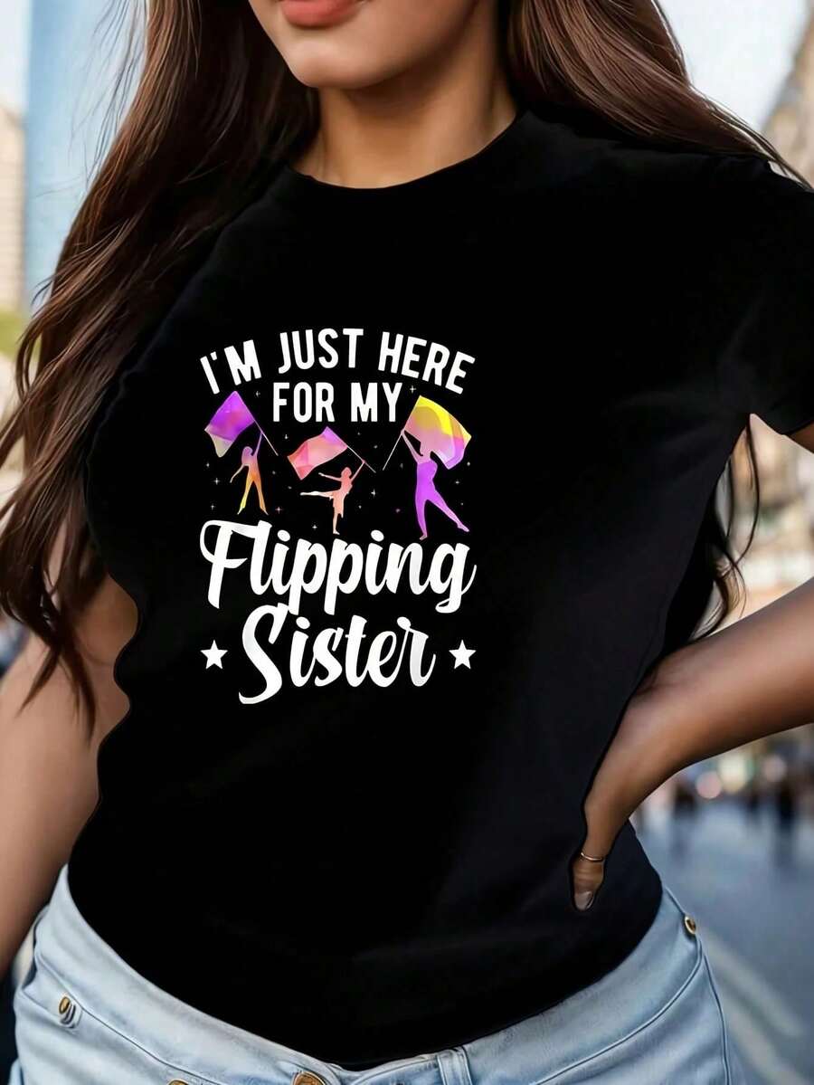 Camiseta de manga corta para mujer de talla grande Color Guard Member's Sis, con cuello redondo, diseño novedoso, informal, divertida, con estampado gráfico, 100% poliéster, 1 pieza, 220g. - Negro - Ver 1