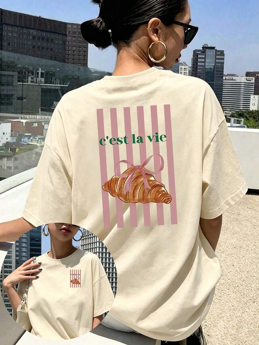 大尺碼女款休閒短袖T恤,亮色可頌與條紋圖案,圓領春夏季上衣 - 杏色 - 查看 1