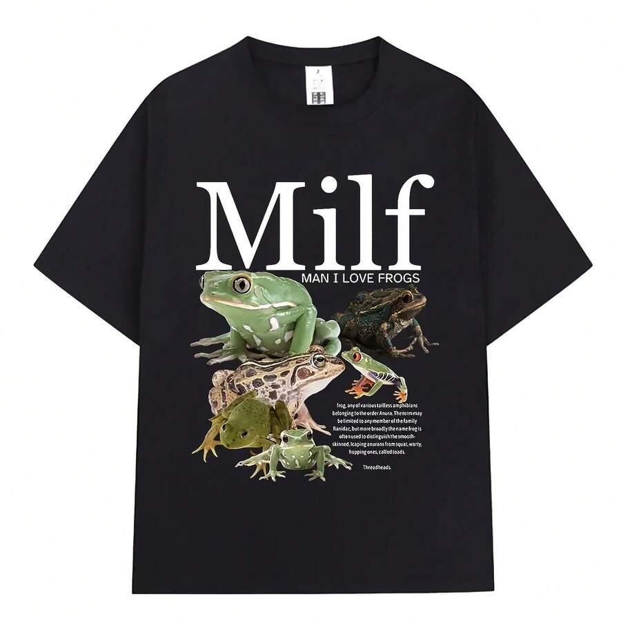 Camiseta divertida de hombre MILF I Love Frogs, camiseta negra con diseño de rana verde, regalo humorístico para amantes de los animales, pantalón corto informal de manga - Multicolor - Ver 1