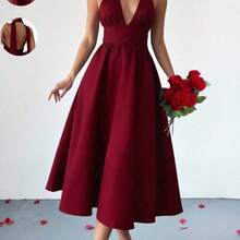 Vestido elegante para mujer, vestido halter con escote profundo en V y espalda descubierta con cinta de amarre, uso versátil, color vino tinto, atuendo de verano para fiesta - Burdeos - Ver 3