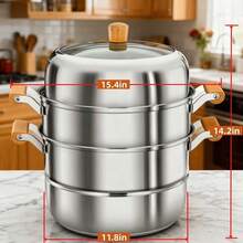 3-Tier Heavy-Duty Stainless Steel Steamer Pot With Glass Lid-Large-Capacity Multi-Use Steamer For Dumplings, Seafood & Vegetables, Wooden Cool-Touch Handles, Induction & Gas Compatible, Premium Kitchen Cookware - View 4