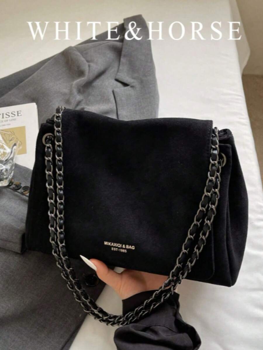 Premium Vintage Women's Chain Shoulder Bag, Large Capacity Crossbody Tote Bag, Versatile For Autumn/Winter, Work Commute Bag - Black - View 1