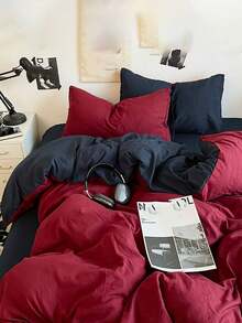 New Solid Color Dual-Tone Nordic Style Minimalist Polyester Fiber Duvet Cover 3 Pieces Set - Red - View 4