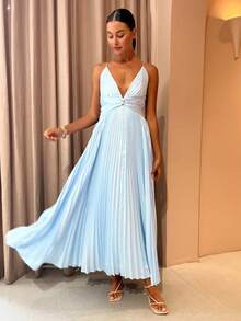 New European-American Spring-Summer 2026 Midi-Party Dress, Pleated, V-Neck, Straps, Wide Skirt - 藍色 - 查看 9
