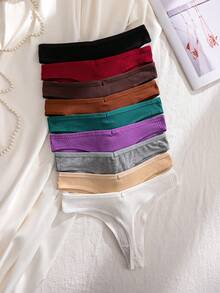 9pcs Women's Solid Color Ribbed Sexy Thong Comfortable Ribbed Panties - Multicolor - View 3