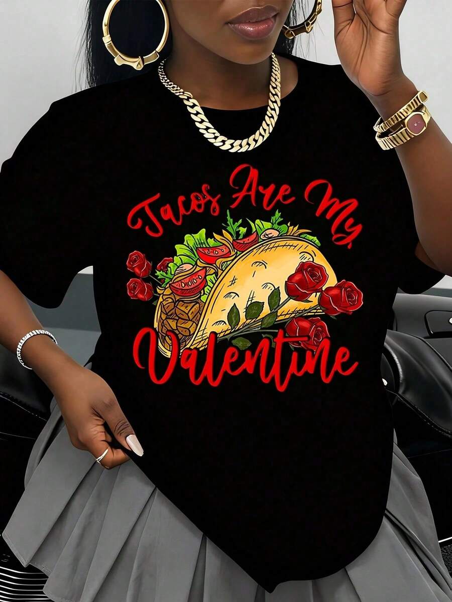 Tacos Are My Valentine, Funny Taco Lover T-Shirt For Women, Valentine's Day Gift, Casual White T-Shirt With Roses And Tacos Design, Unisex Top - 黑色 - 查看 1