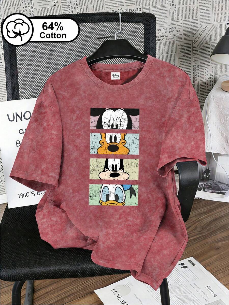 Disney 女款復古米奇與好友頭像印花雪花水洗短袖T恤休閒夏季上衣 - 紅色 - 查看 1